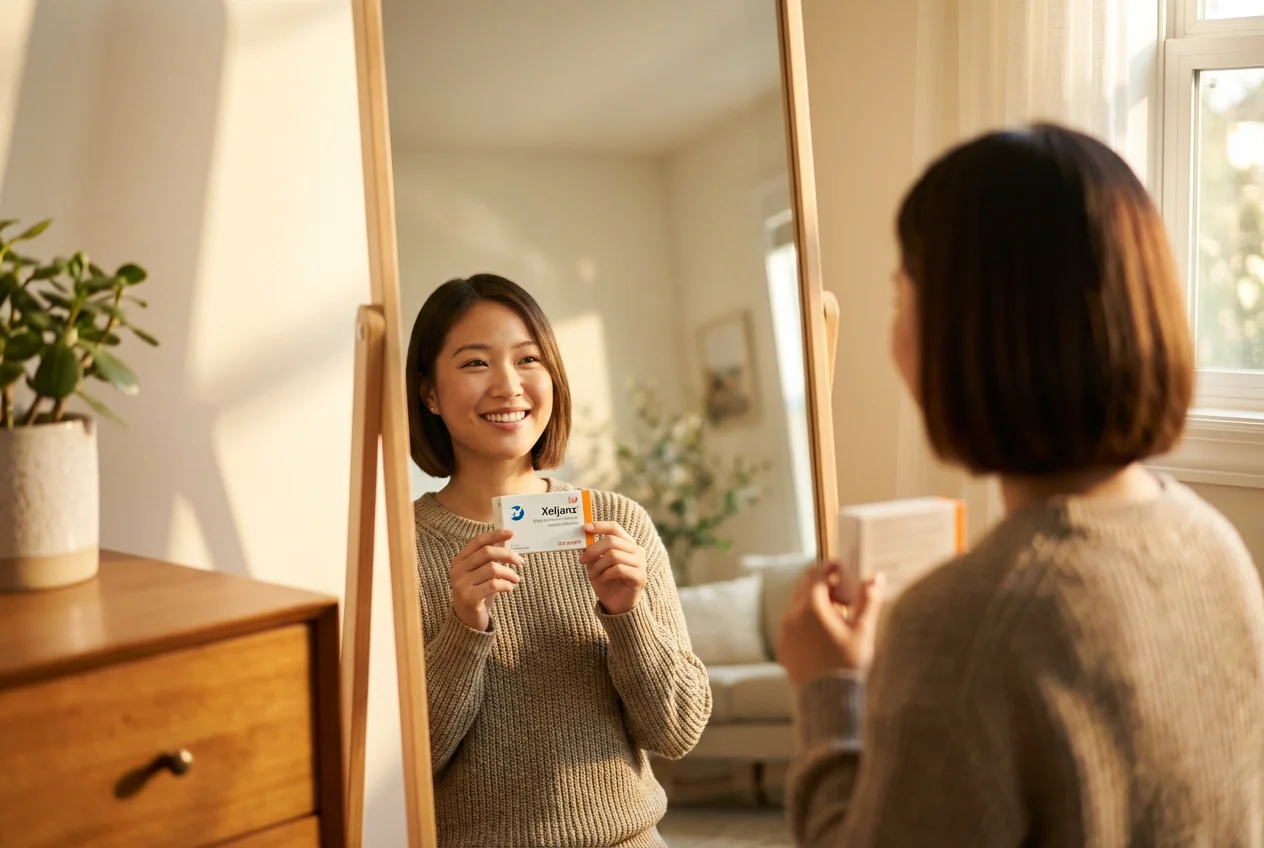 Happy alopecia patient holding a Xeljanz tofacitinib JAK inhibitor prescription box