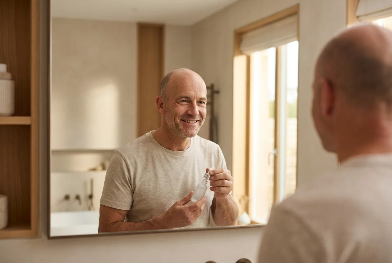 Man looking in the mirror while holding a Loniten oral minoxidil prescription bottle